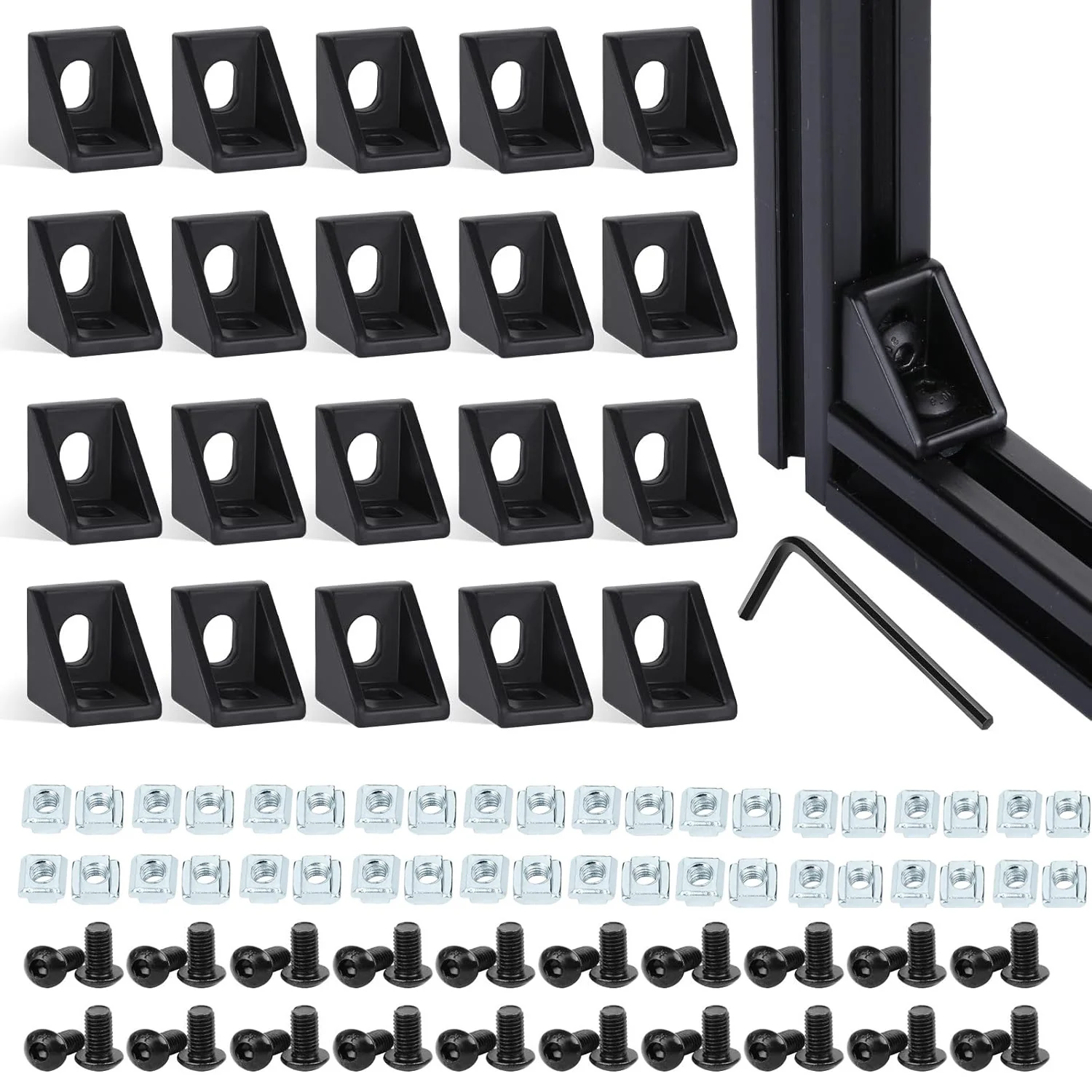 20pcs Corner Bracket, 40Pcs M5x8mm Hex Socket Cap and 40pcs 20 Series M5 T-slot Nuts 2020 Aluminum Profile Connector Set