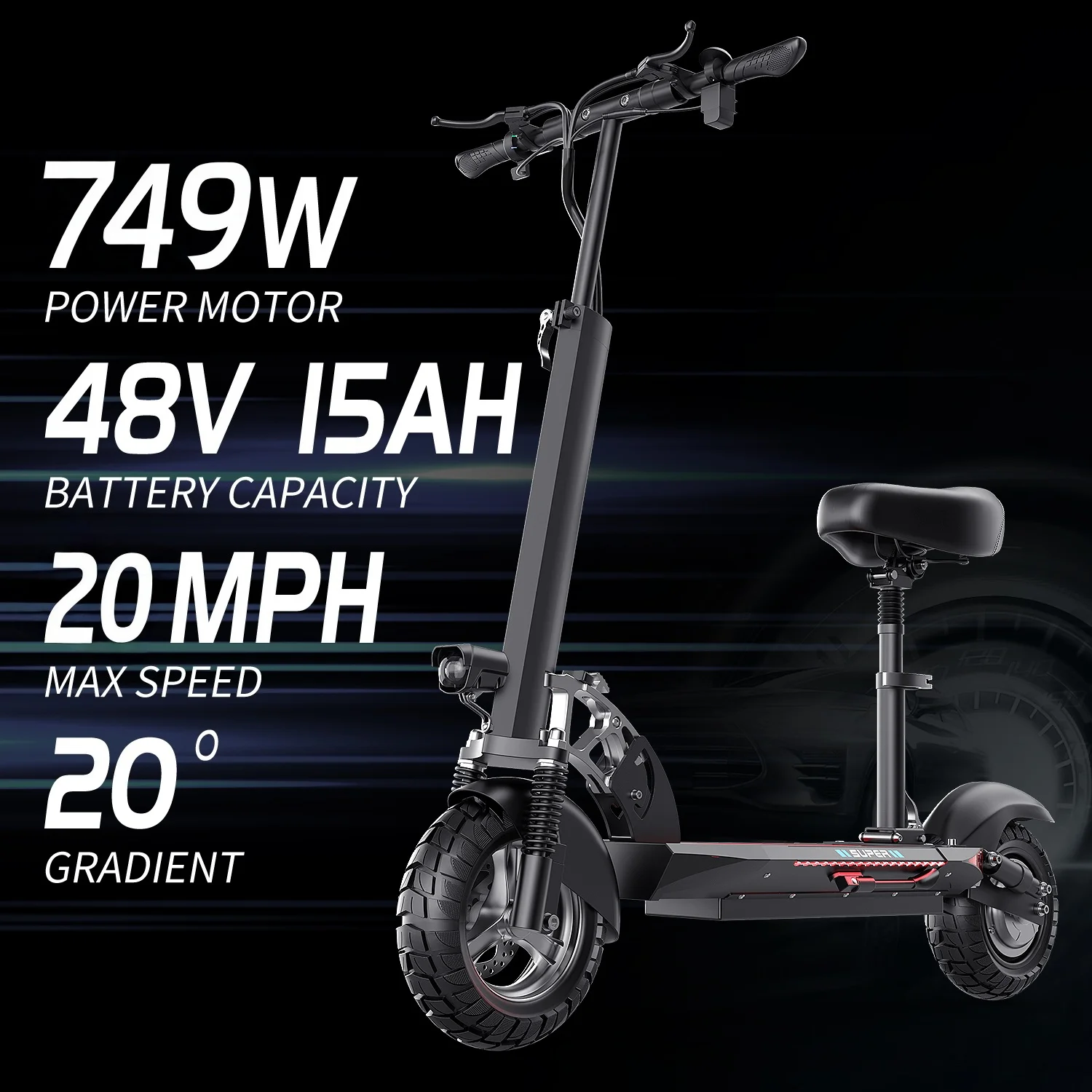 

749W Electric Scooter. Detachable Seat. 48V 15Ah. Full Suspension. Footboard with Integrated Color LED Strips.