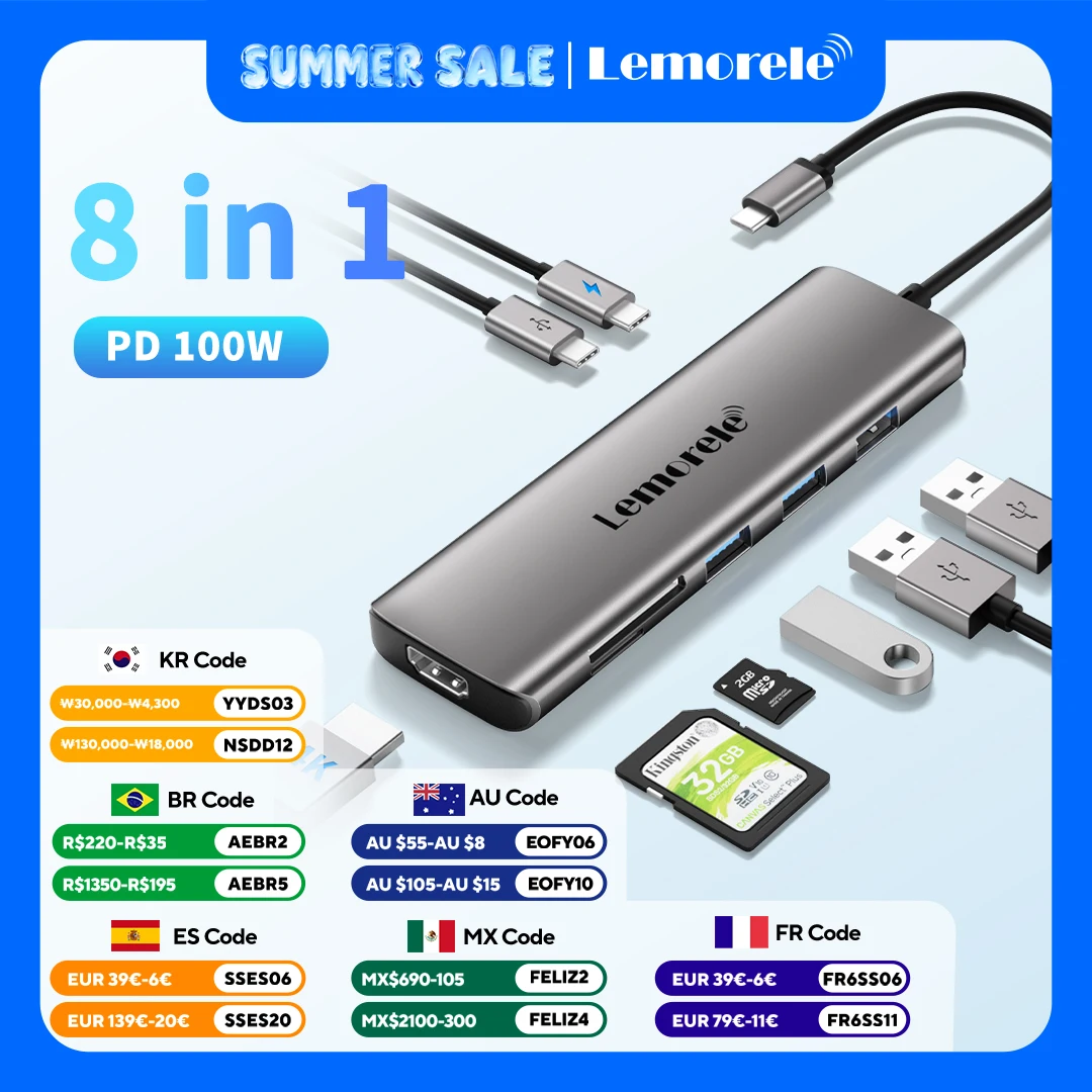 

Lemorele 8 in 1 USB Hub to Type C Docking Station 100W PD Multiport Adapter 4K HDMI SD/TF Slot Data Ports for laptop
