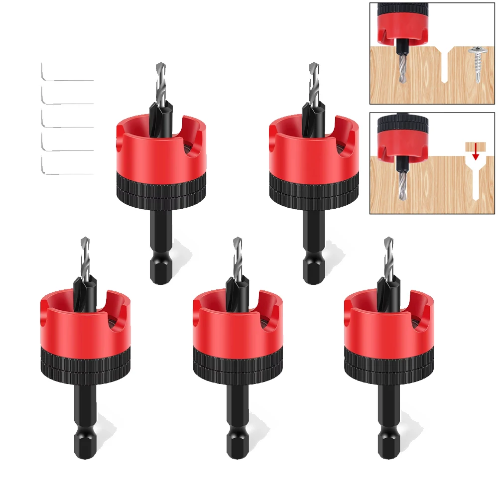 

5PCS Countersink Drill Bit Set with Premium Steel Adjustable Depth Stop 6.35mm Hex Shank 2.8 3.0 3.2 3.5 4.0mm Drill Bits