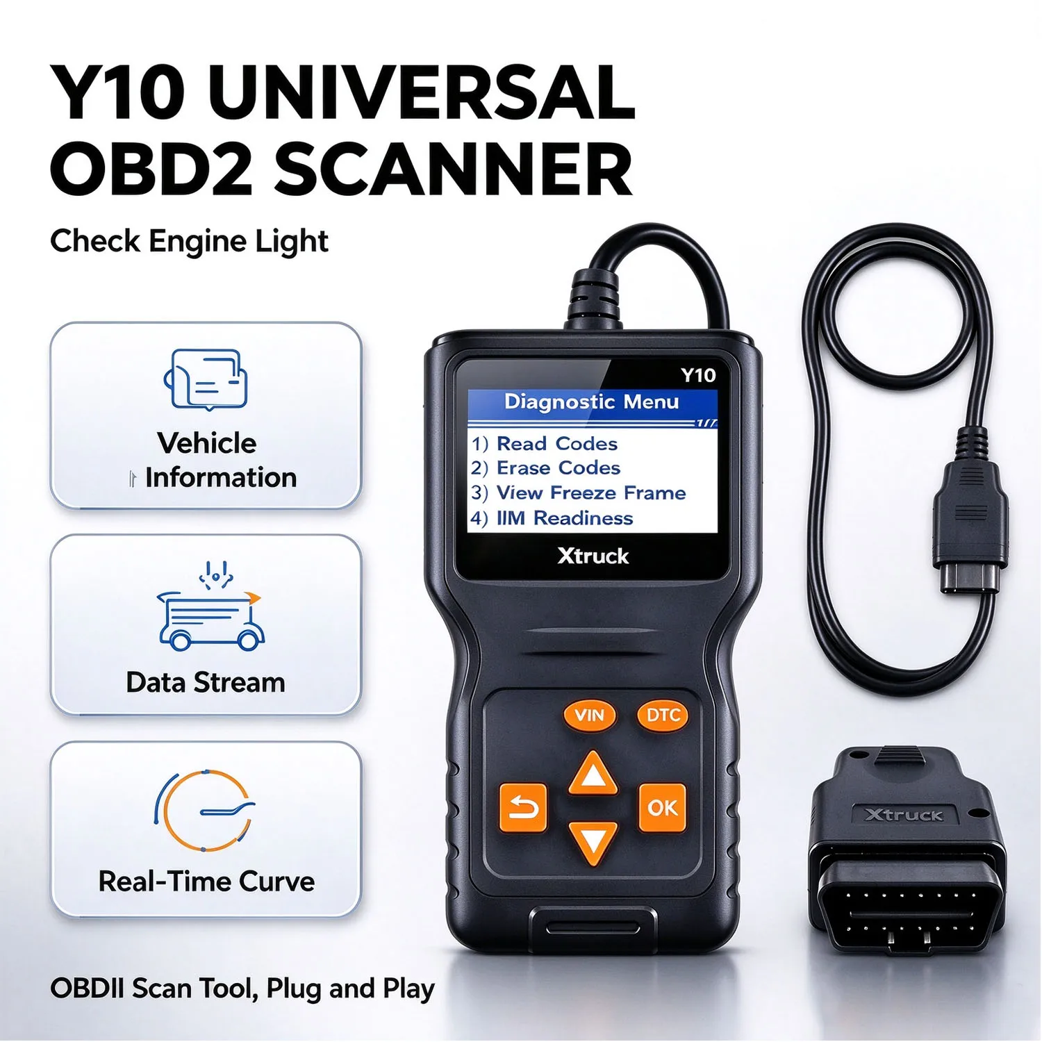 Y10 Universal OBD2 Scanner Check Engine Light Car Code Reader, OBDII Diagnostic Scan Tool Read and Clear Erase Codes, Get Vehicle Information, Data Flow, Real-time Curve
