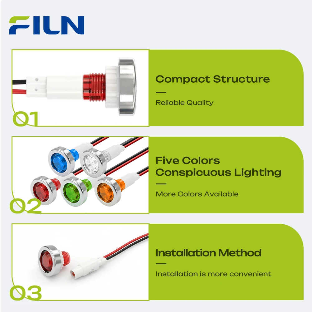 FILN 3PCS 10mm Threaded Plastic LED Indicator Light 12V 24V 110V 220V Prewired Signal Pilot Dash Lamp for Car Boat Marine Truck