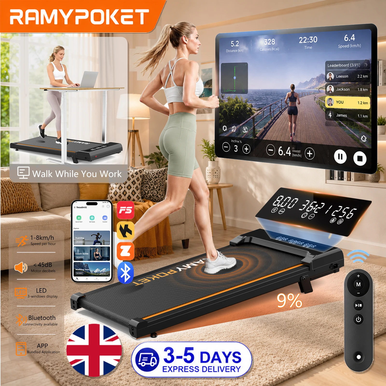 RAMYPOKET Walking Treadmill Under Desk With App Control 9% Grade 1-8km/h 2.5hp 120kg Small Treadmills For Home
