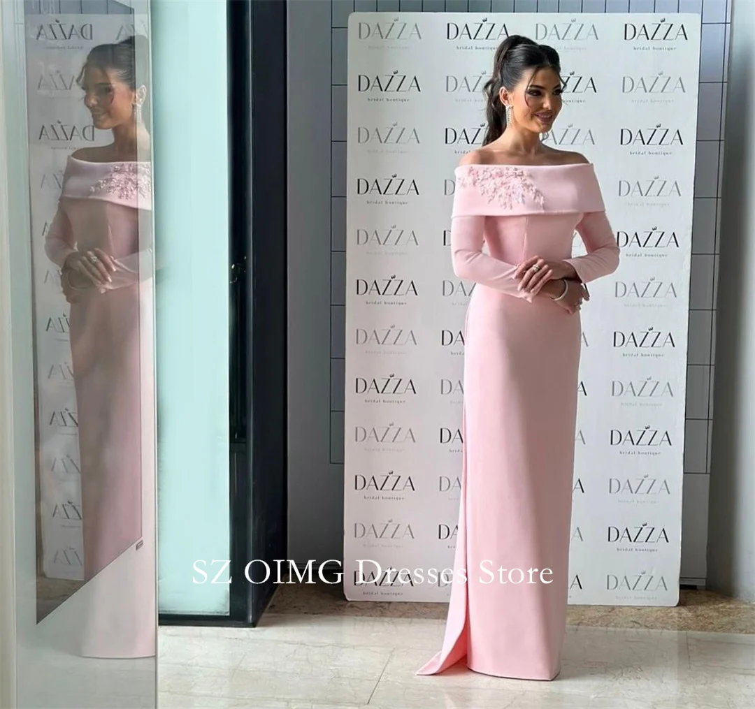 OIMG Dubai Mordern Style Off the Shoulder Prom Dresses Crepe Satin Pink  Dress Women Evening Gowns Formal Fitted Party Dress