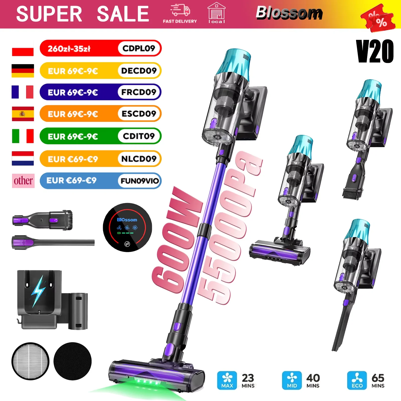 Aspirateur sans fil Blossom V20, moteur sans balais 600W, forte aspiration 55KPA, réglage 3 vitesses, écran tactile complet, bac à poussière grande capacité 1,8L, batterie 8 cellules, autonomie 60