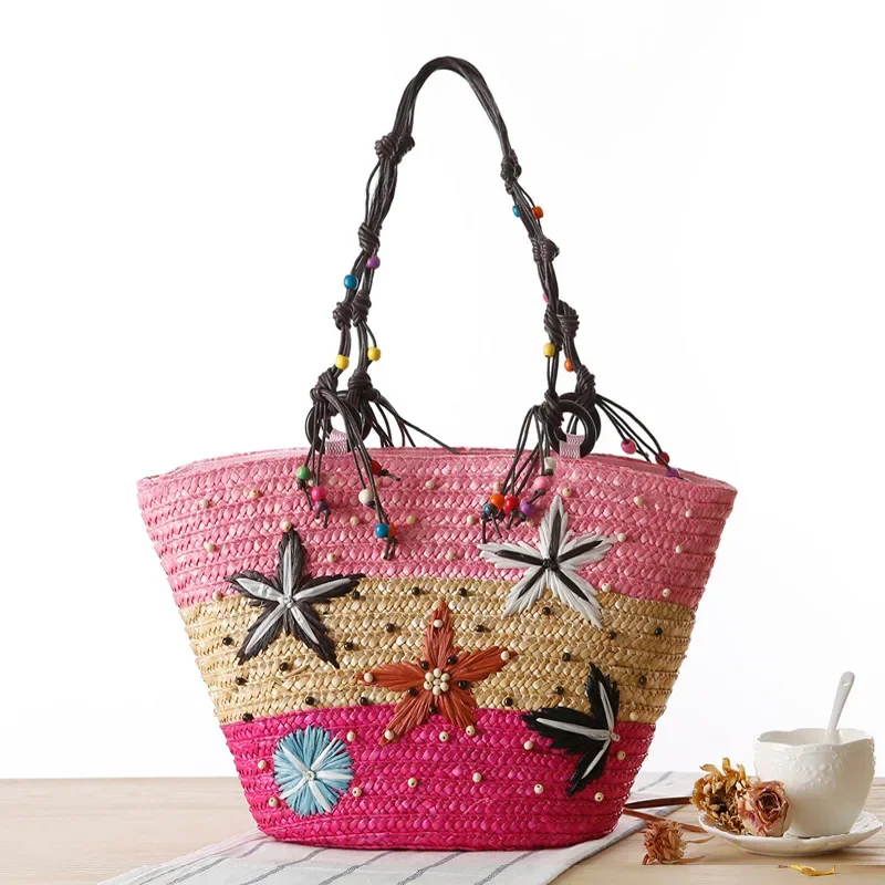 Damska torba typu tote z boho, wykonana ze słomy, z ręcznie haftowanymi rozgwiazdami i koralikami, letnia torba na ramię z uchwytami dla kobiet, model 2026 — zdjęcie 2