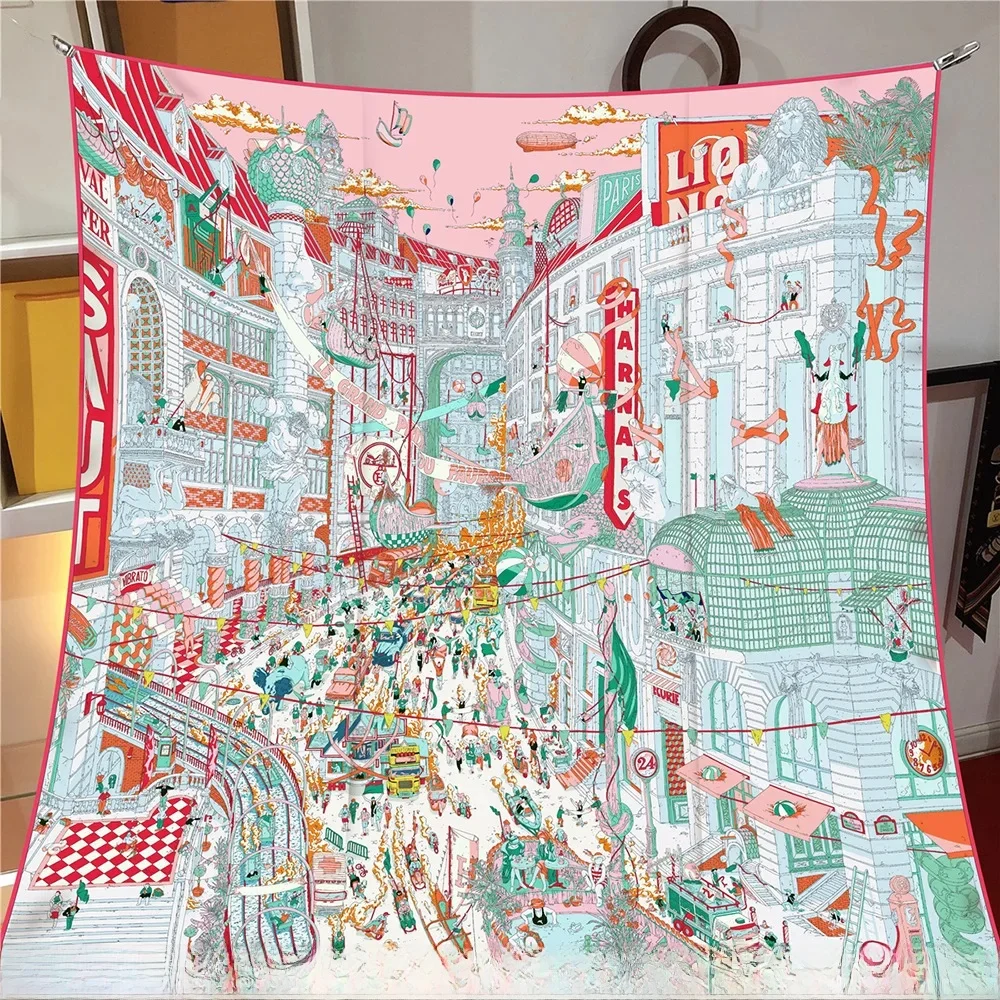 Foulard en soie sergé pour femmes, 90CM, imprimé ville de Paris, bandeau, châle, étoles, Hijab, carré, Bandana, nouvelle collection