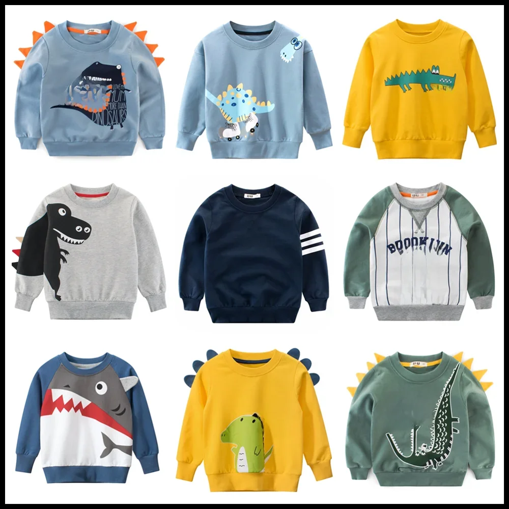 Jesienne Wiosenne Bluzy Dziecięce 100% Bawełna Ubrania dla Chłopców Odzież Dziecięca Dinozaur Kreskówka Sportowy Sweter Casual — zdjęcie 2