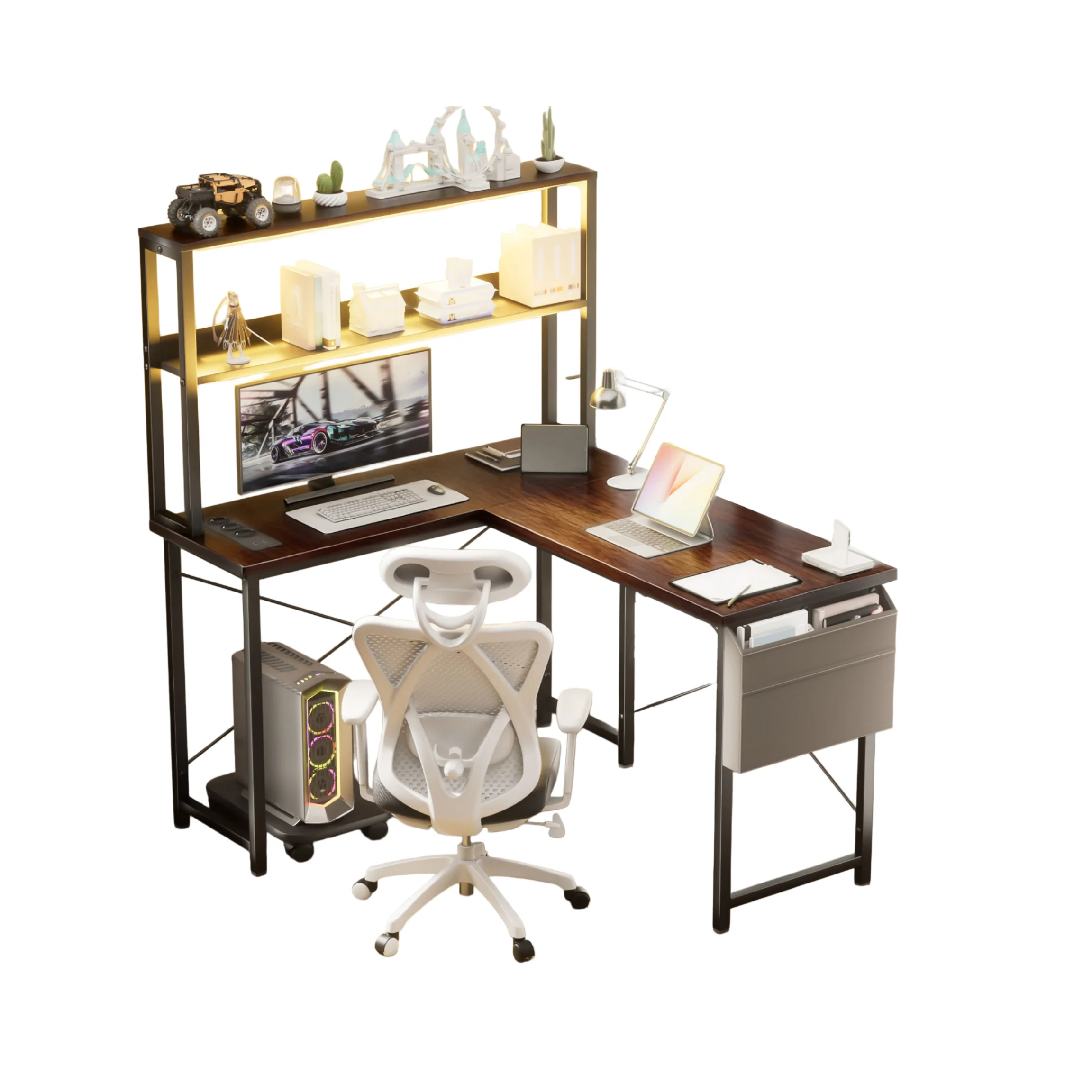Table d'ordinateur pliable en forme de L, longue de 148 cm, avec une prise intégrée, une étagère de rangement à deux niveaux et un sac de rangement en tissu, marron/gris/beige.