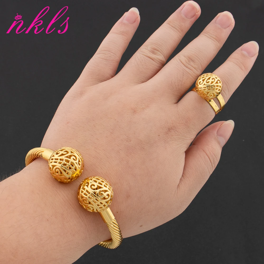 Luxury Dubai African Gold Color Bracelet Ring Copper Cuff Beads Bangle Italy France Women Adjustable Ring Wedding Jewelry Gift