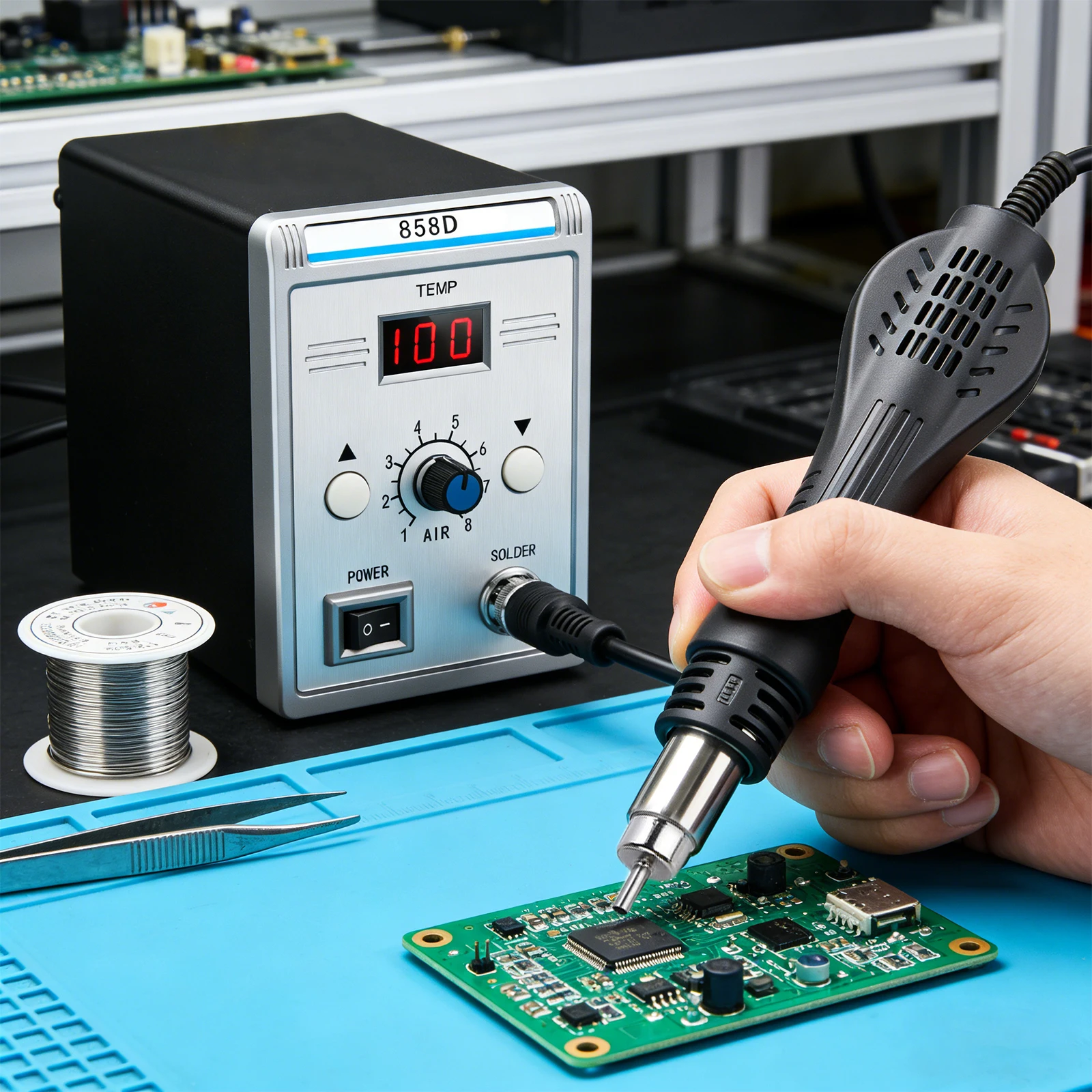 Heißluft-Rework-Station, 700W digitale Lötstation mit bürstenlosem Lüfter & Smart Sleep, 100-480 ℃ Präzise Temperaturregelung, SMD-Handy-Leiterplatten-Reparatur-Werkzeugset – Detail 4