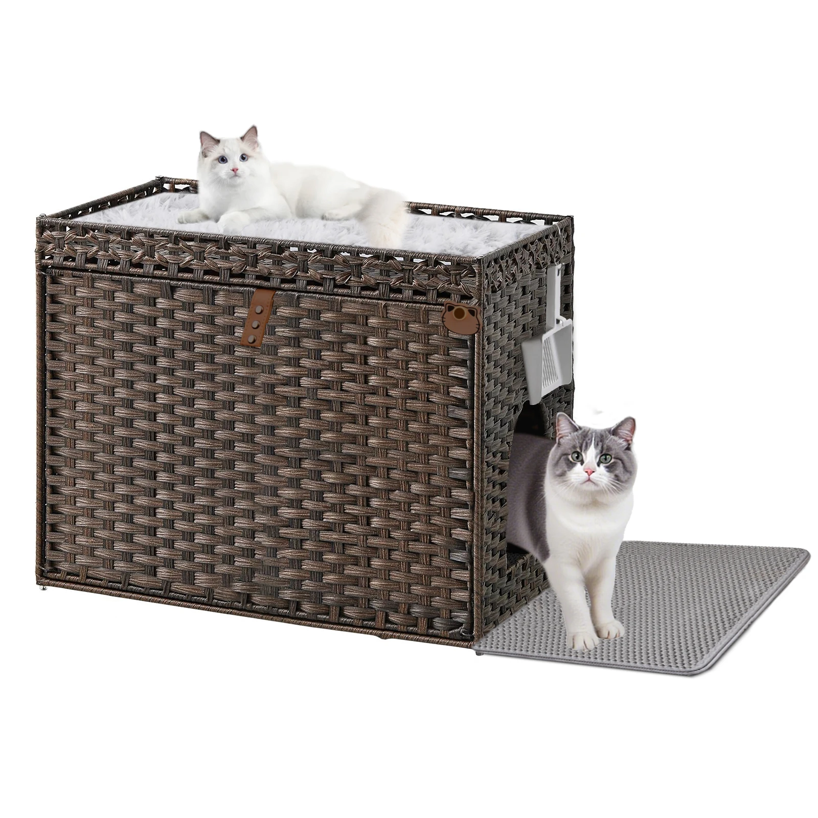 LEEJARD Katzenklo: Versteckte Katzentoilette aus handgeflochtenem Rattan in Möbeloptik mit Anti-Auslauf Katzenklo Matte Leichtere Reinigung, – natürliches Design für Schlafzimmer & Wohnzimmer