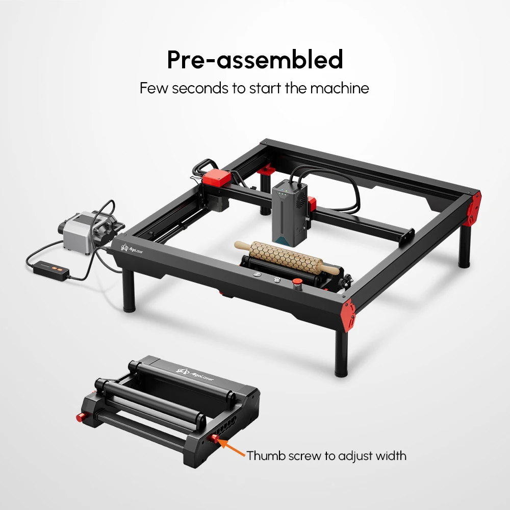 22W AlgoLaser Alpha with Air Pump/Y-axis Rotary Roller/Honeycomb Platform for 360° Engraving Cylindrical Objects 400x850mm Area