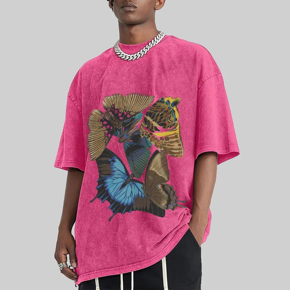 Vintage-Stil, Schmetterling, handbemalt, bedruckt, Unisex, kurzärmelig, reine Baumwolle, gewaschen, bequem, lockere Passform, schweres Gewicht