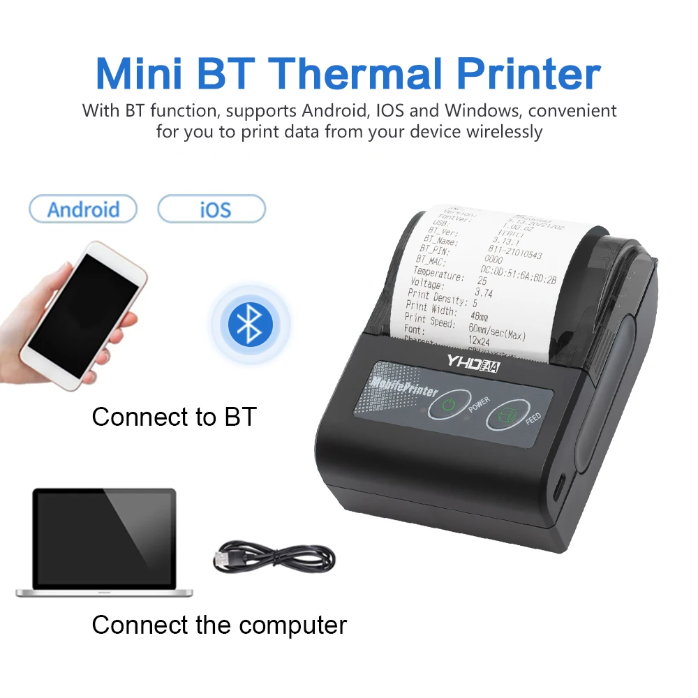 Picture 3: 58mm Portable Bluetooth Thermal Receipt Printer, 2 inch Handheld Cutter ESC & POS Printer for Windows/Android/IOS (YHD-5808L)