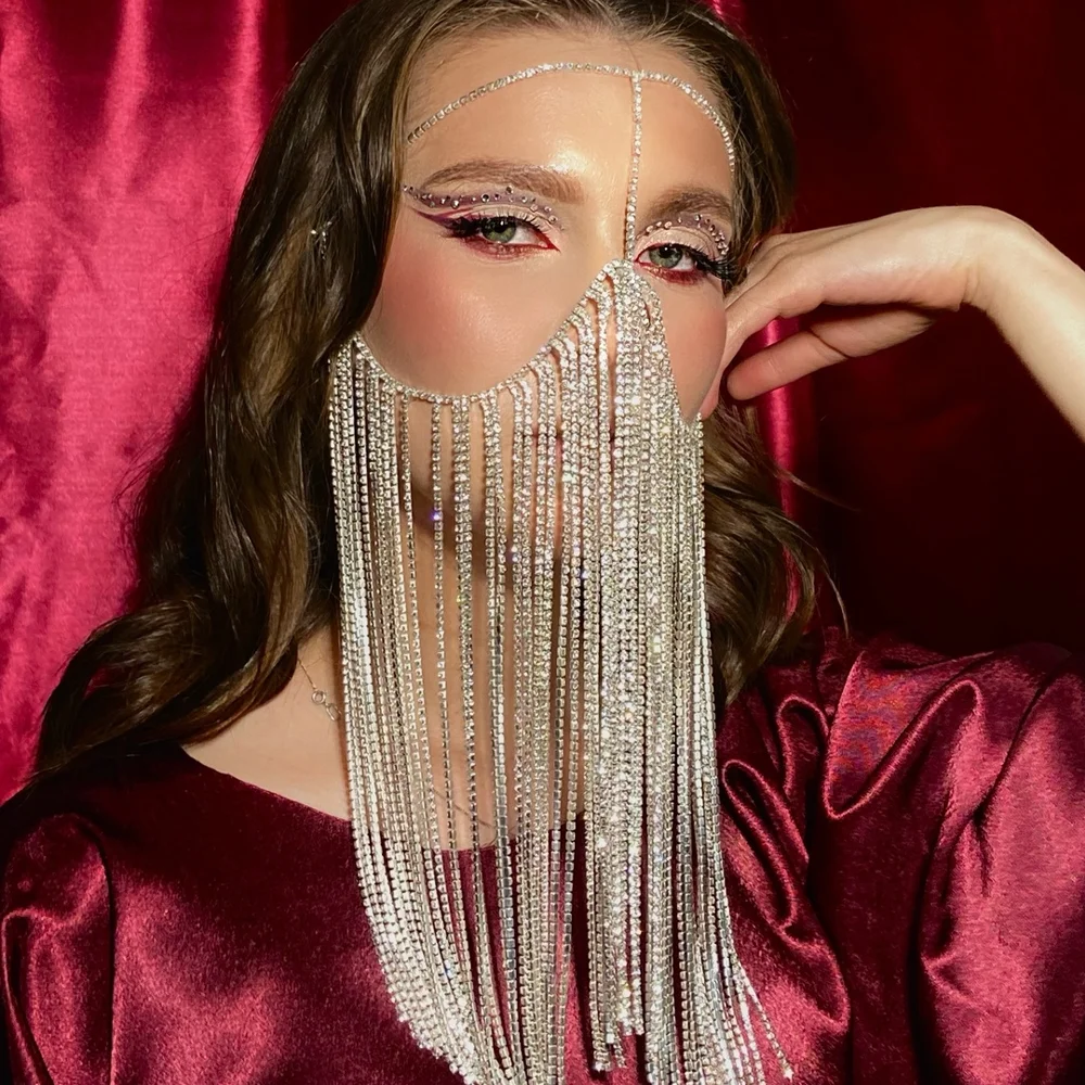 Stone Fans Rhinestone Veil Mask with Long Fringe Chain for Women Face Jewelry Gift Bohemian Body Chain Festival Costume Party