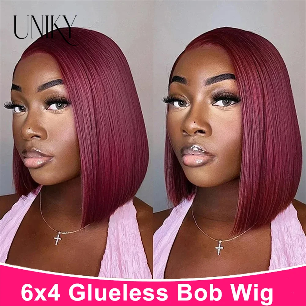 

99J Burgundy Colored Wear And Go Glueless Human Hair Wig Straight Short Bob 6x4 Lace Frontal Pre Plucked Human Wigs Ready To Go