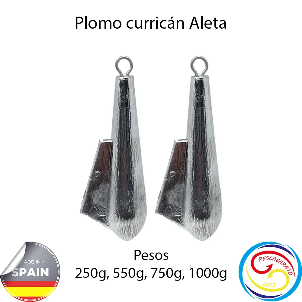 Plomo curricán, modelo Aleta, con anilla de acero inoxidable, especial para la pesca al curricán. Medidas: 1000g, 750g, 550g, 250g. Venta de plomo por lotes.
