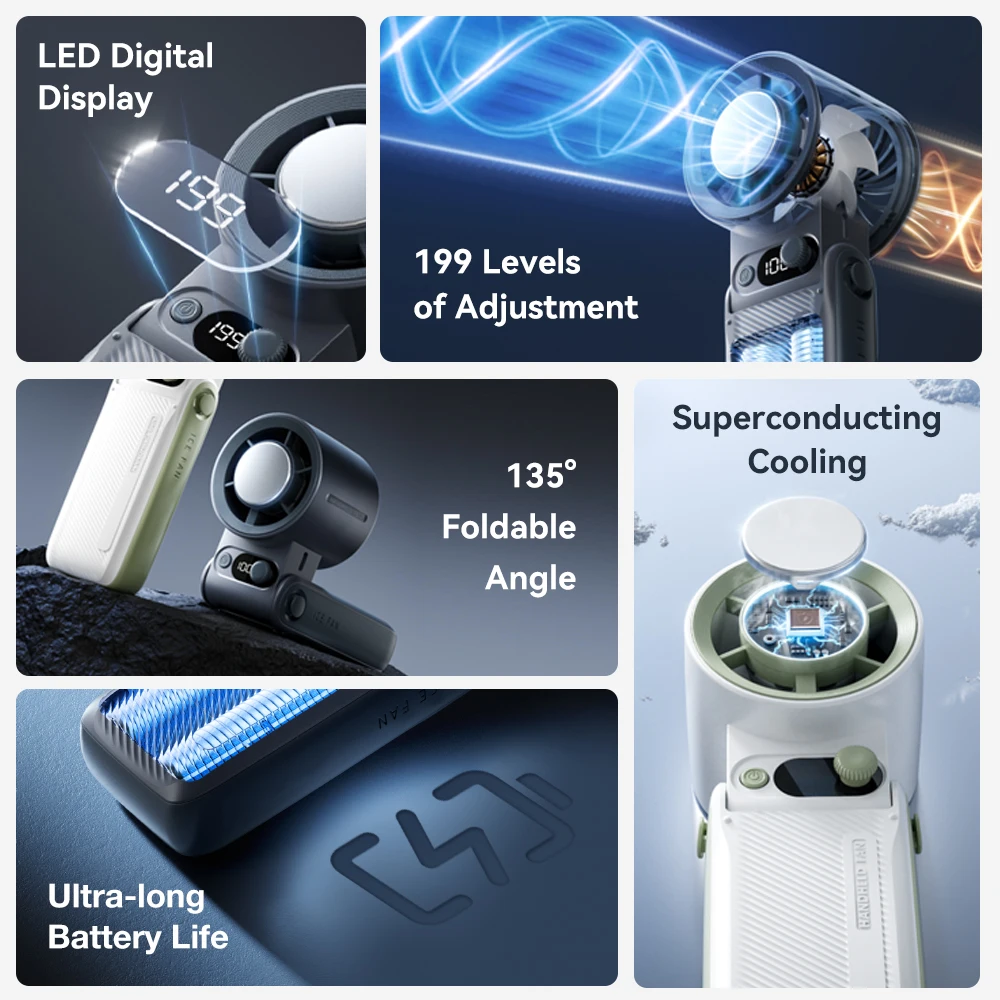 Portable Handheld Turbo Fan 199Gear Strong Wind Speed LED Digital Display 135°Foldable Outdoor 3-in-1 Handheld Fan 6000mAh F5PRO