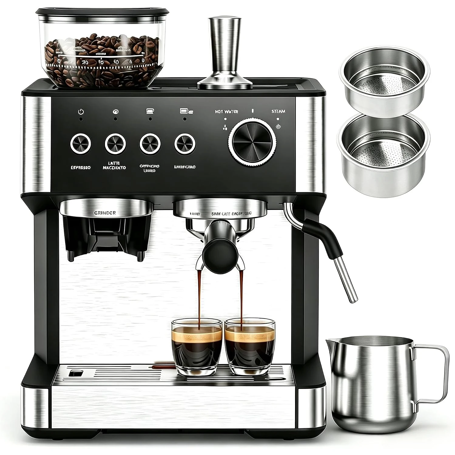 Espresso-Siebträger, 20 Bar Kaffeemaschine, 30 Mahlstufen, Espressomaschine mit 2,3-Liter-Wassertank & 270g Bohnenbehälter, automatische Milchaufschäumfunktion & Selbstreinigung, Kaltbraufunktion,