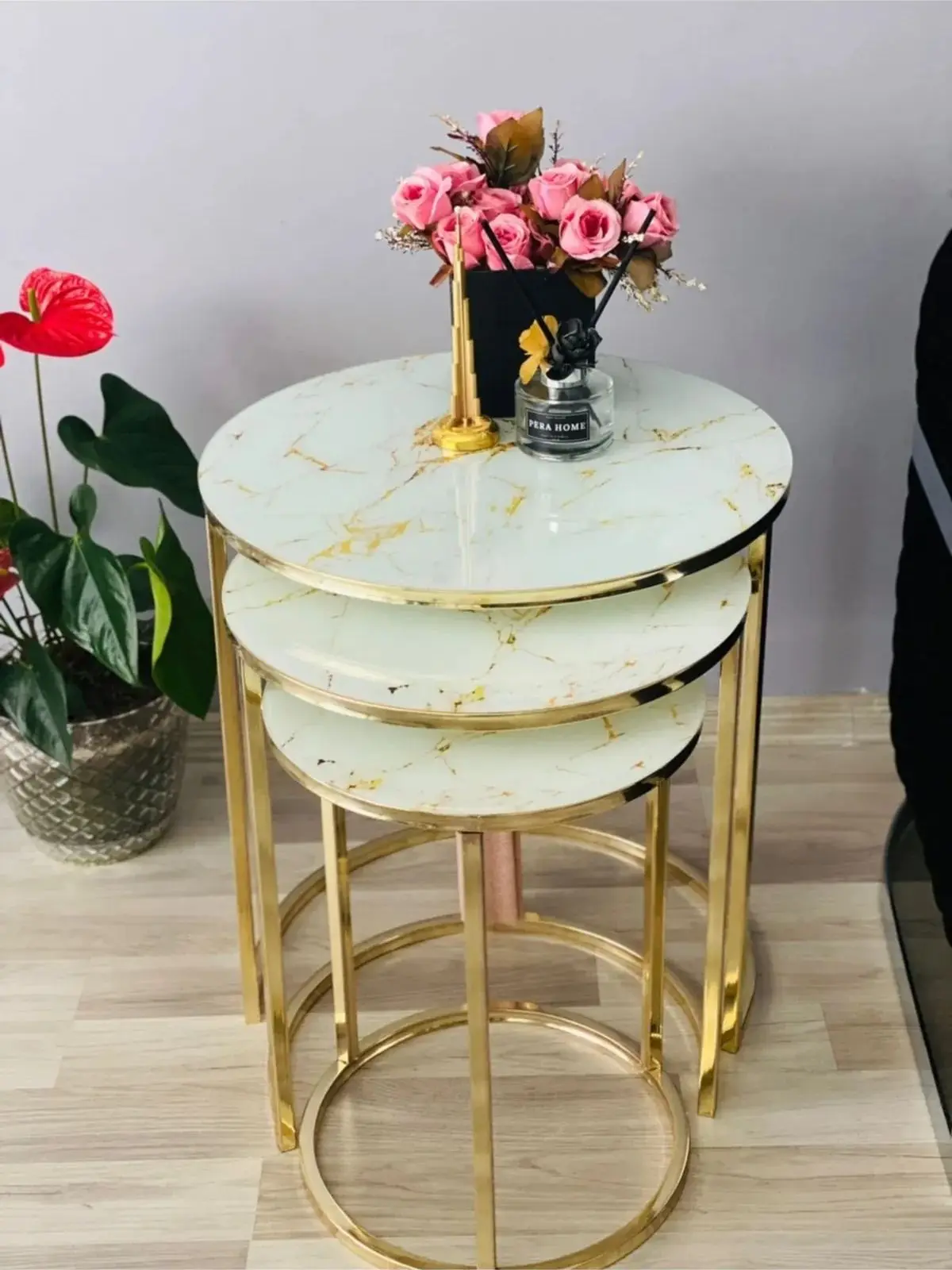 Decorative Set of 3 Nesting Table Set Gold Marble Unbreakable Tempered Glass Nordic Luxury Coffee Table Set 3Pcs Living Room