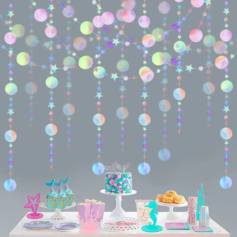 Laser Mirror Paper Star Dot Garland na wesele dla dzieci 1. Syrenka Dekoracja urodzinowa Baby Shower Świąteczny wiszący baner — zdjęcie 2