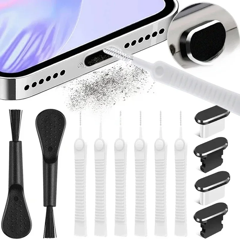 Bouchon anti-poussière USB C en métal pour iPhone 17 16 15 Pro 13 Samsung Xiaomi Android, protection du port de charge, brosse de nettoyage, ensemble de nettoyage