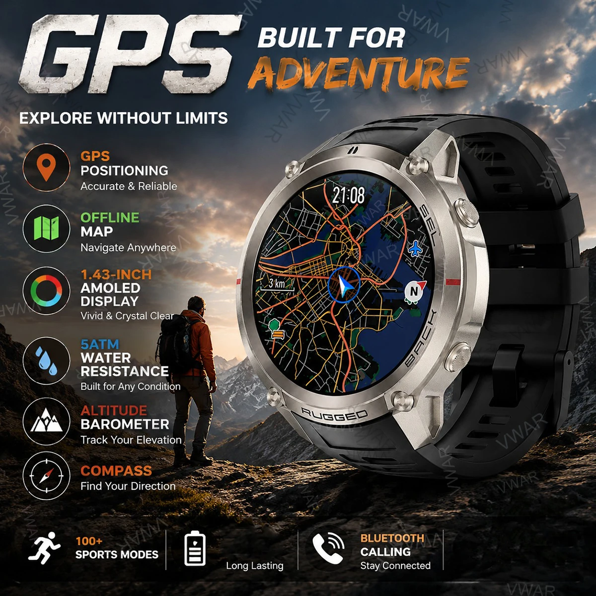 VWAR Offline Map New Smart Watch 5ATM Waterproof GPS Navigation Compass Altimeter Men 170+ Sports Bracelet Men Women 2026 New