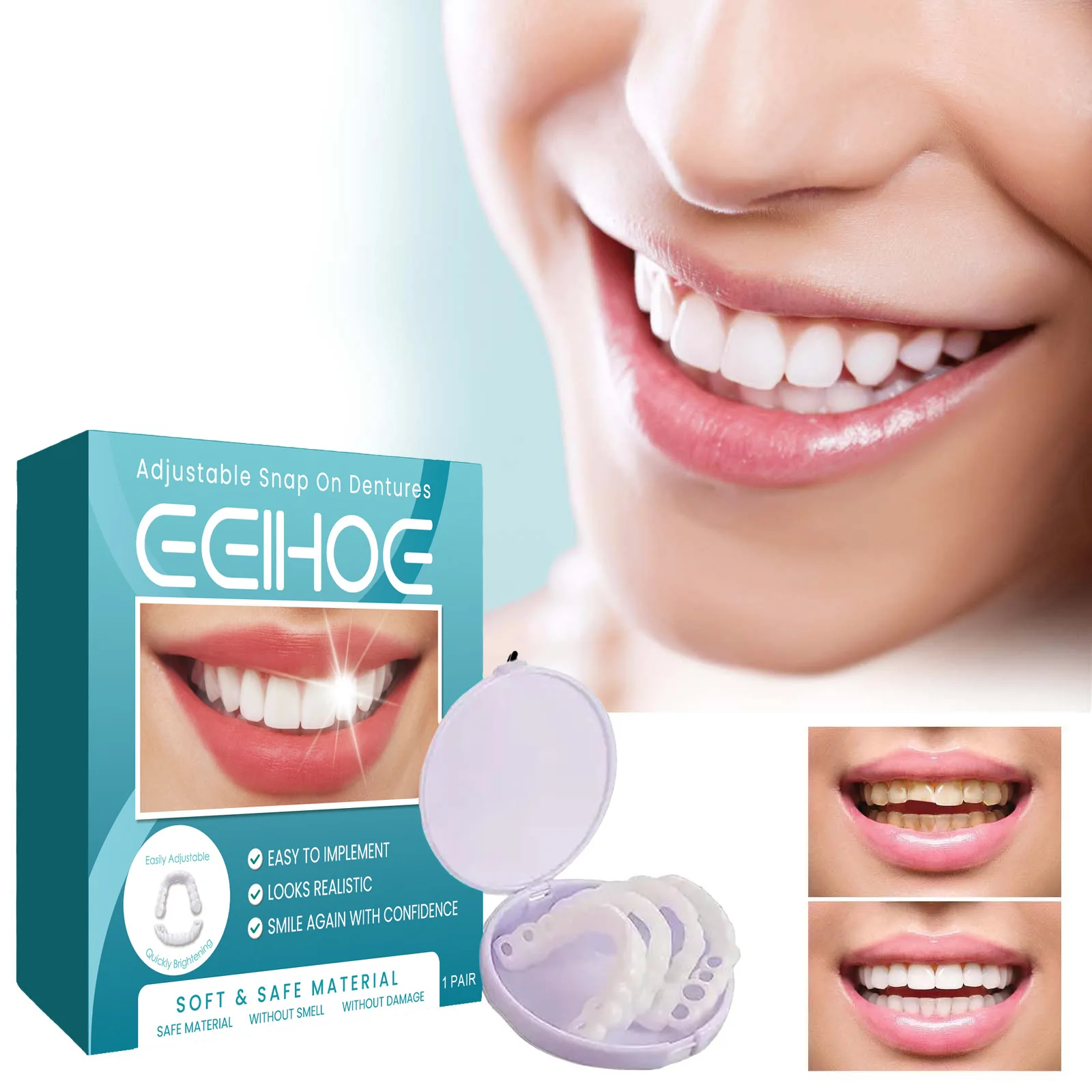 Eelhoe 1pair Adjustable Teeth Set Whitening Dentures Temporary Perfect Smile Oral Hygiene Care Dental Veneers Fake Tooth Set