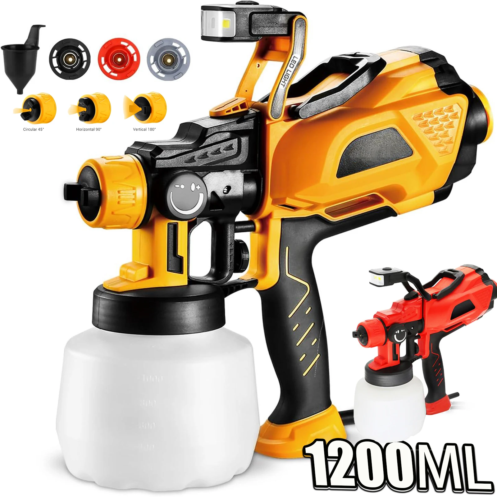 1200ml HVLP Electric Spray Gun with LED Light High Power Auto Furniture Steel Coating Airbrush Tool 1.0/1.8/2.5mm Copper Nozzle