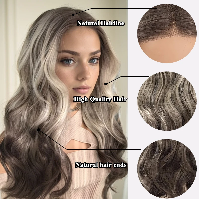 

Ombre Lace Front Wigs Ash Platinum Wave Highlight Wig Mixed Brown and Blonde Color for Women Synthetic Wig Use for daily