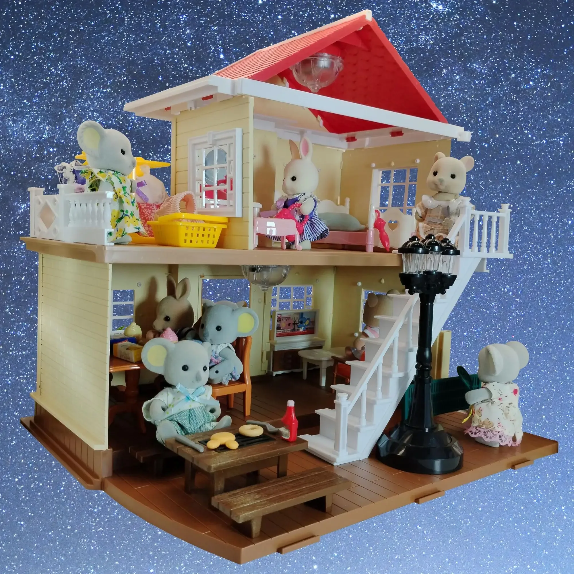 Spielzeug für Kinder Wald Familie zweistöckiges Puppenhaus mit Treppen küche Bad Miniatur zubehör