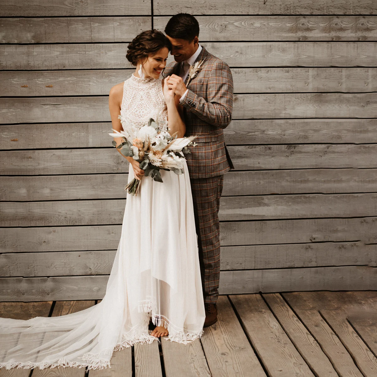 Duas peças saia franjas mock neck boho vestidos de noiva personalizado chiffon uma linha aberta volta borlas rendas vestido de casamento separado