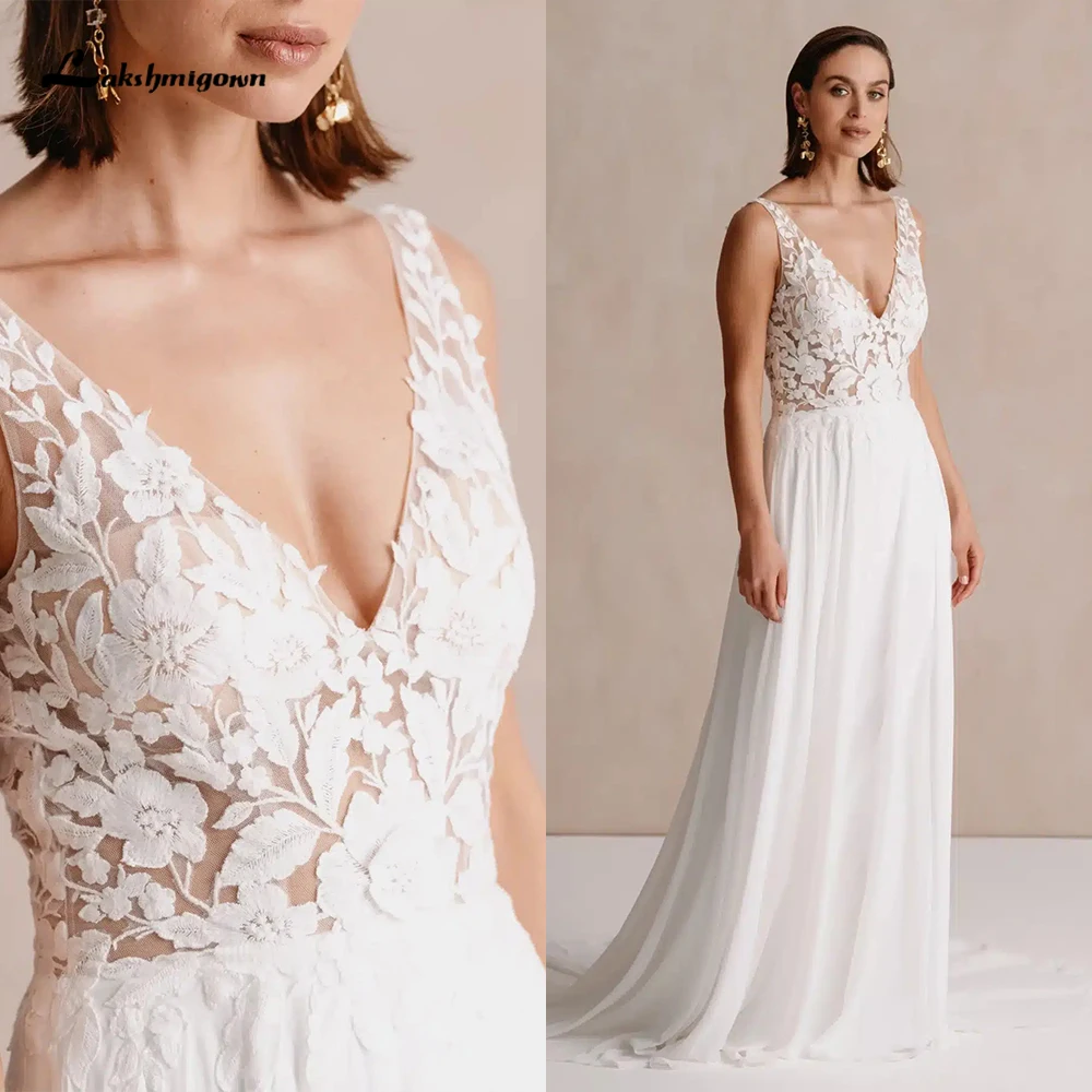 

Lakshmigown Sexy V Neck Spaghetti Straps Backless Simple Chiffo A Line Wedding Dress Customized Boho Bride Gown vestido de novia
