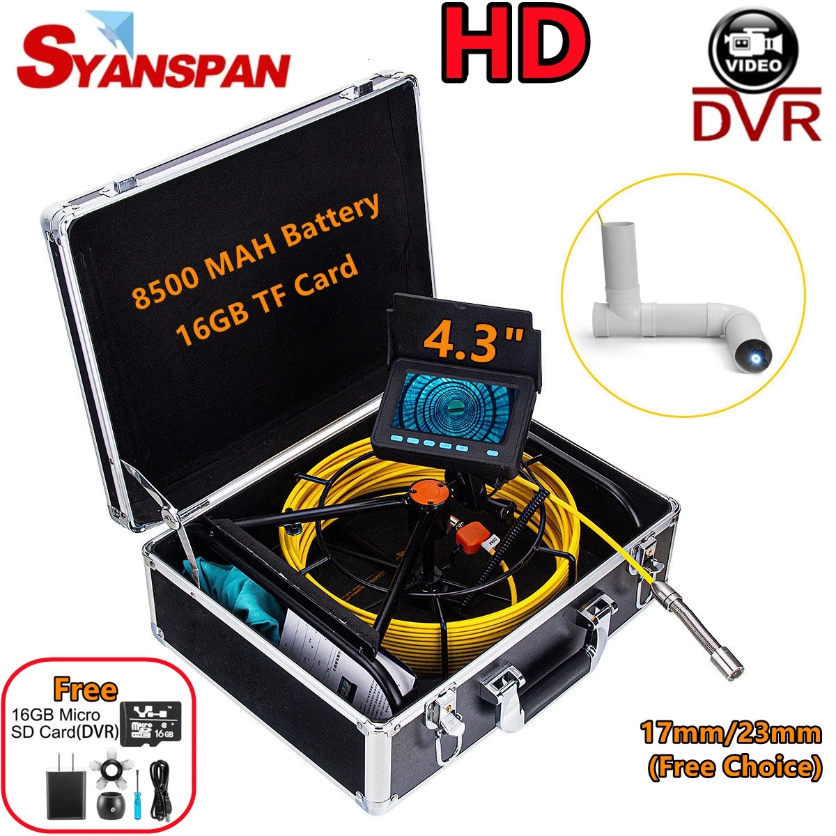 16GB HD Endoscope Camera with 4.3" Display for Pipe Inspection