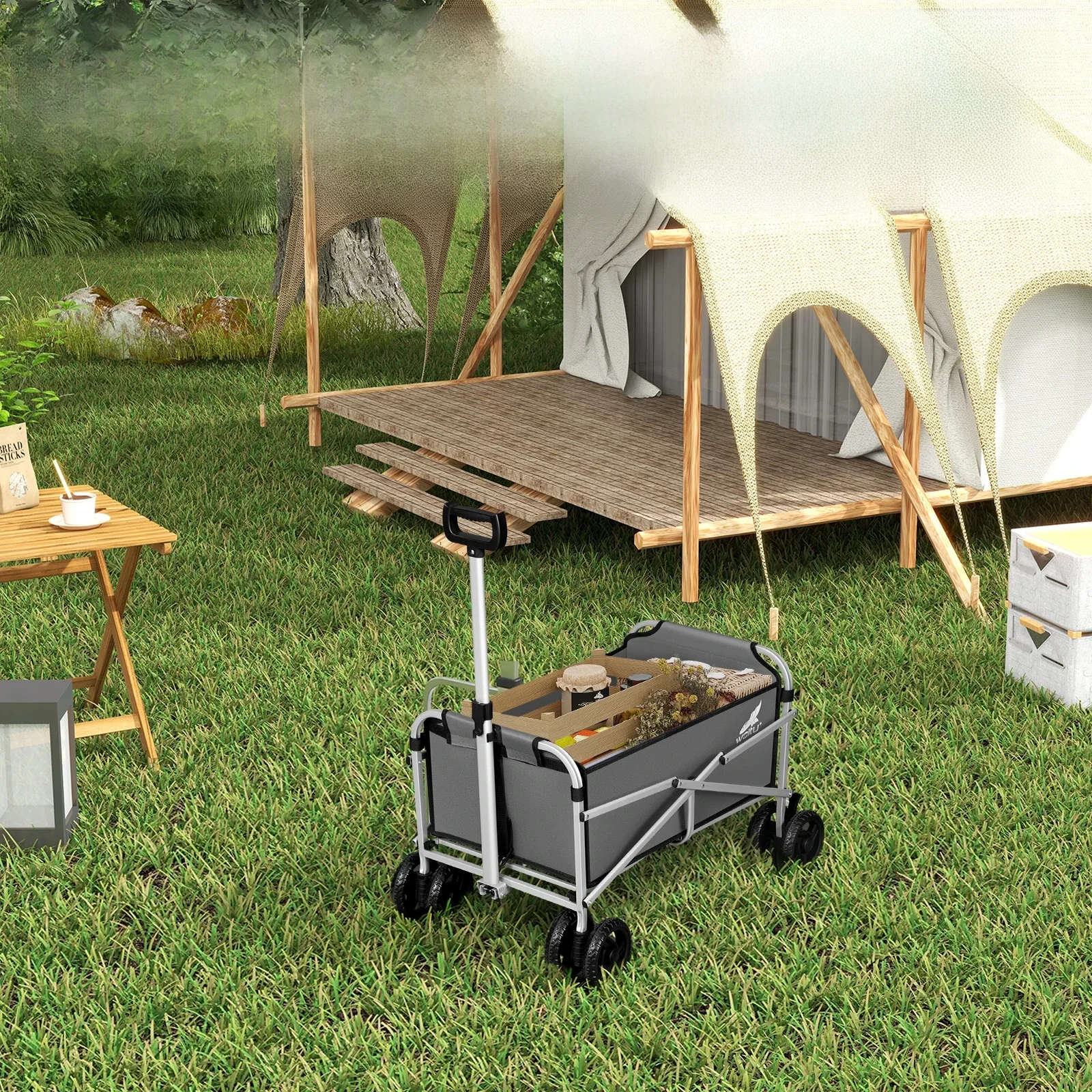 Chariot de transport pliant avec freins, chariot à double roues, barbecue, pique-nique, plage, jardin, camping, extérieur