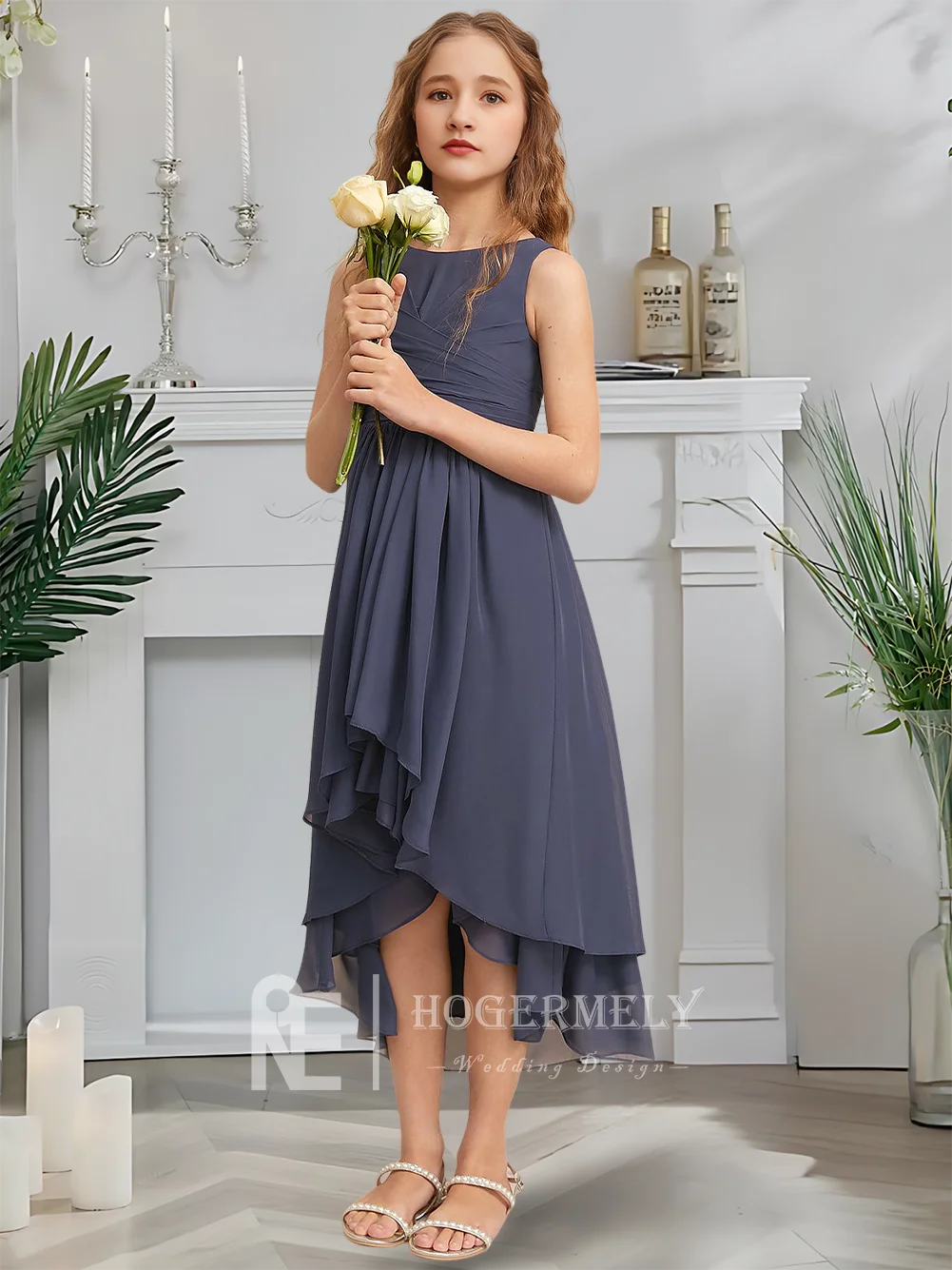 

A Ethereal A-Line Junior Bridesmaid Dress Starlight Silver Flower Girl Dress Scoop Chiffon Knee-Length Cascading Ruffles Wedding