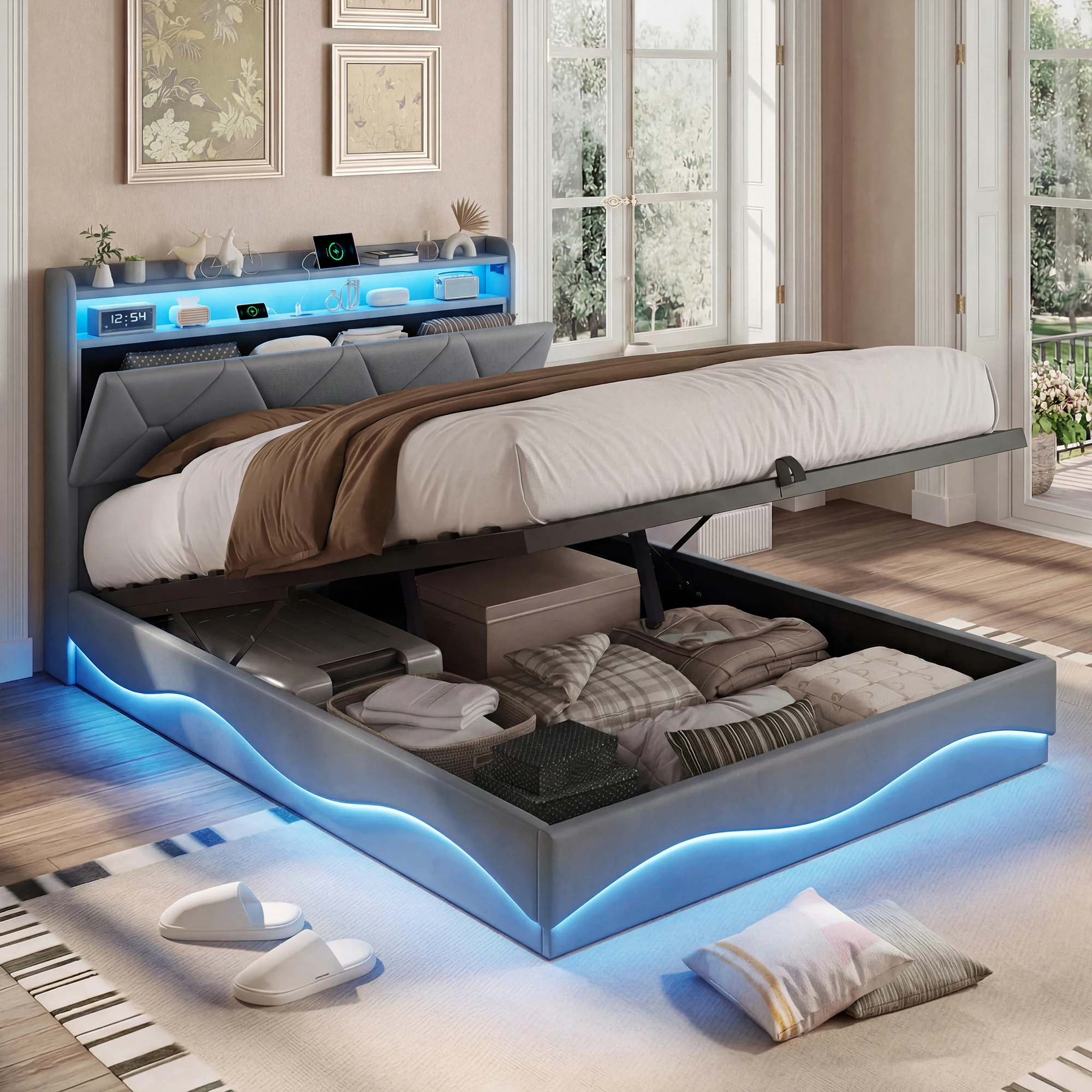 Cama tapizada 160x200 con LED, Cama doble tapizada con almacenamiento, cabecero con USB/Tipo-C, cama con almacenamiento hidráulico, franela