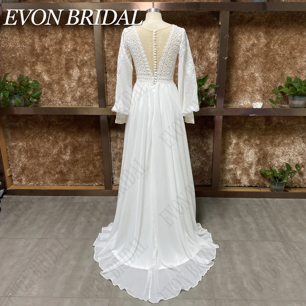 EVON BRIDAL Foto real bohemio vestido de novia blanco chiffon túnica de encaje de manga esponjosa de Marié vestido de novia de ensueño botones