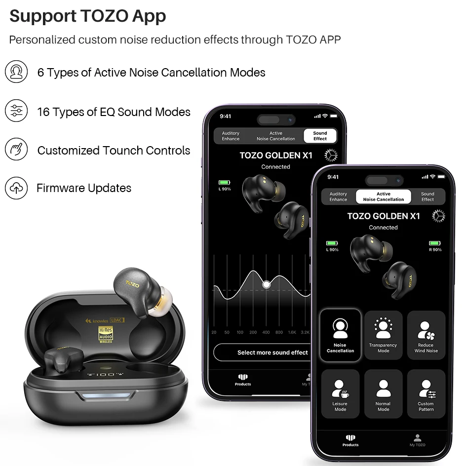 TOZO Golden X1 Wireless Earbuds Bluetooth Headphones Support Ldac Hd Audio-Decoding,Origx Hi-Res Audio Active Noise