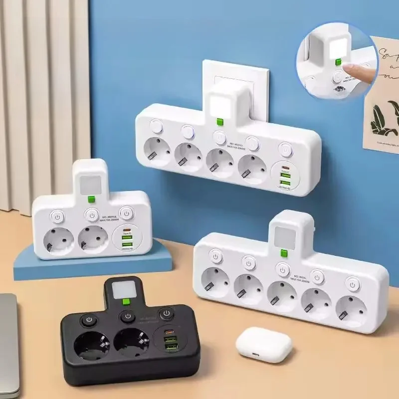 Prise et prise UE 4 prises, prise et prise d'alimentation murale multi-prise sans câble d'extension ou port USB et type-c