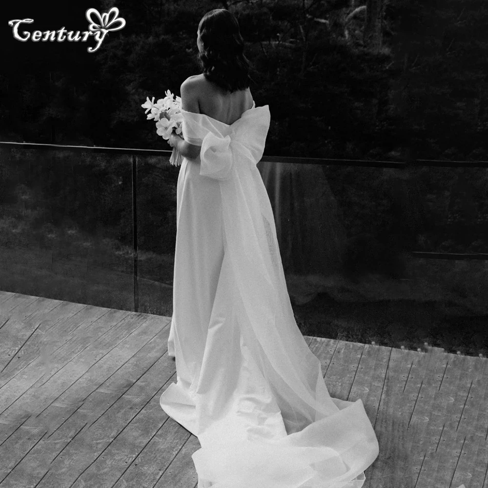 

Satin Wedding Dress With Bow Train Off Shoulder A Line Organza Elegant Bride Dresses Simple Bridal Gowns Robe de Mariee