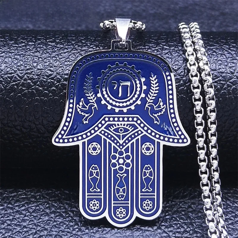 Hebrajski judaizm Hexagram żydowskie Hamsa ze stali nierdzewnej ręka rybie oczy naszyjniki niebieski kolor ręka Fatimy biżuteria N2868S02 — zdjęcie 2