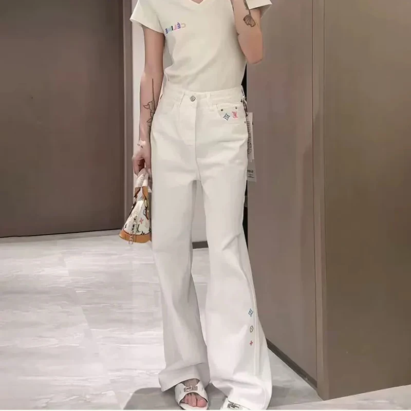 Women's White Chic Embroidered New Straight Jeans 2000s Y2k Korean High Waisted Loose Wide Leg Floor-Mopping Pants Casual Pants