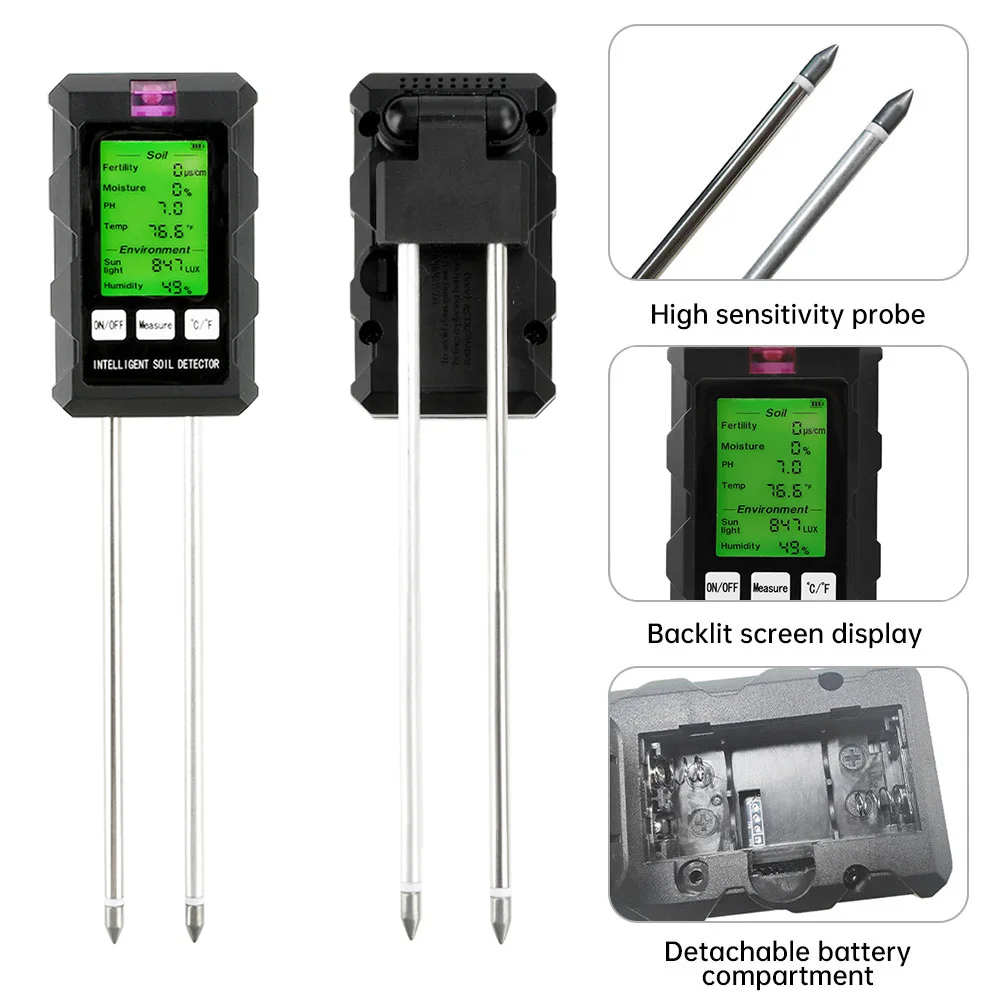 Medidor de pH del Suelo 6 en 1, Medidor de Fertilidad del Suelo, Humedad del Suelo, Luz Solar, Humedad Ambiental, Temperatura, Monitor, Detector, Analizador de Suelo para Jardín