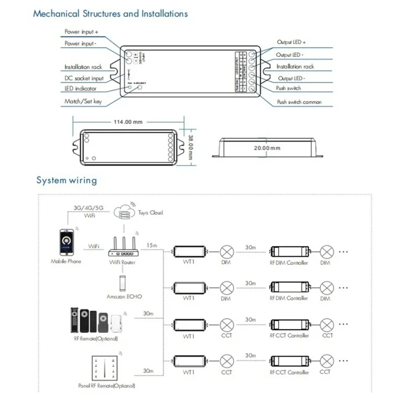 Tuya WT1 LED Dimmer DC 12V 24V 36V WiFi 2CH LED Controller 2 in 1 per WW/CW/CCT Led Strip Smart Life 2.4G RF Wireless Remote