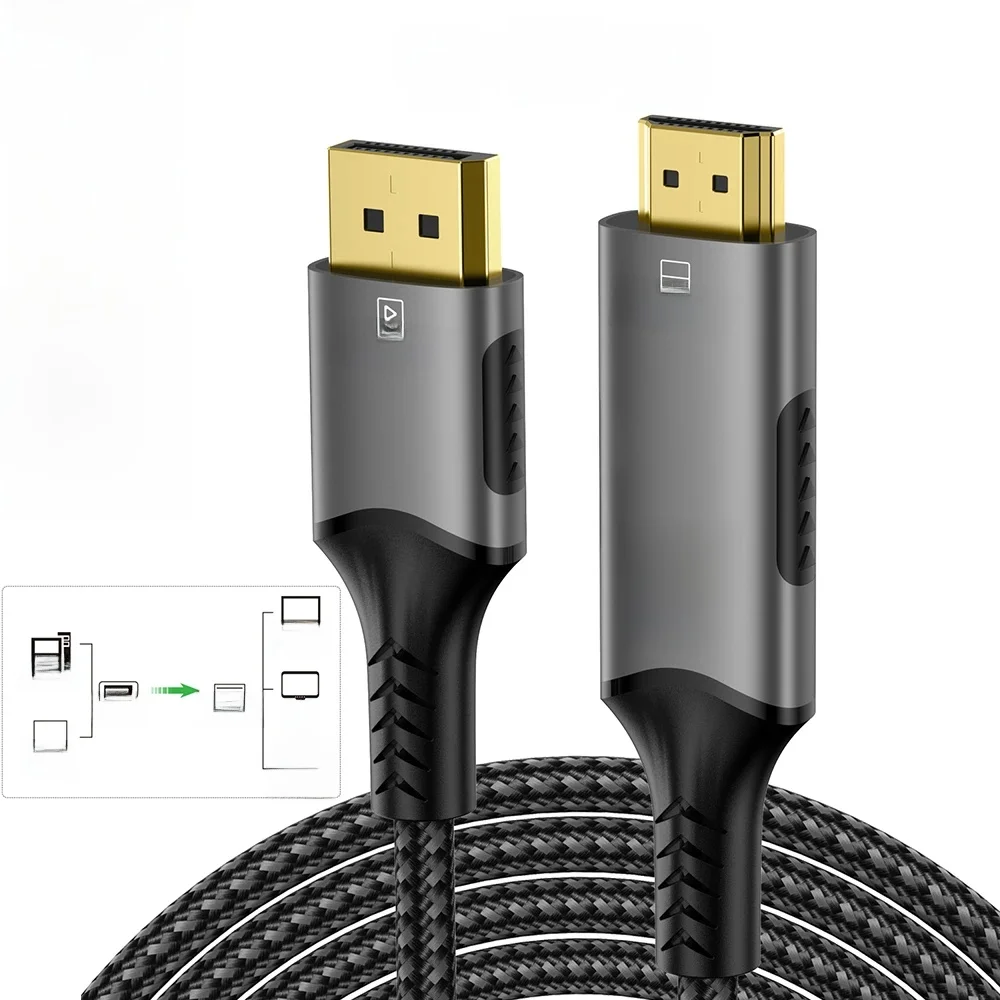 8k @ 60Hz DisplayPort vers HDMI 4k @ 120Hz 48Gbps hdmi 2.1 câble compatible audio et vidéo haute vitesse pour TV PC projecteur ordinateur portable