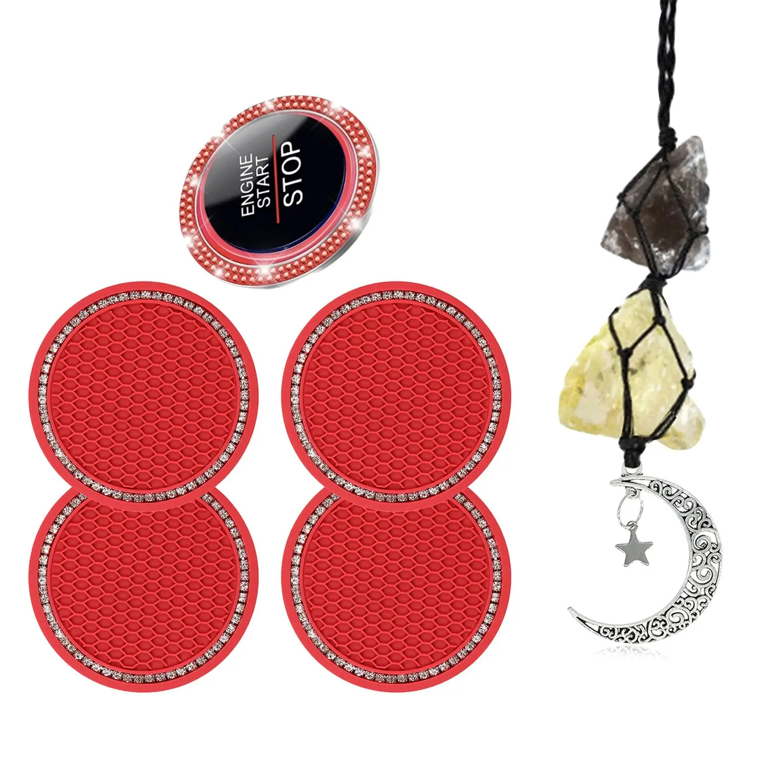 

Car Cup Holder Coasters Start Button Cover & Bling Crystal Double Rhinestone Car Engine Start Decoration Ring, Universal Auto Cu