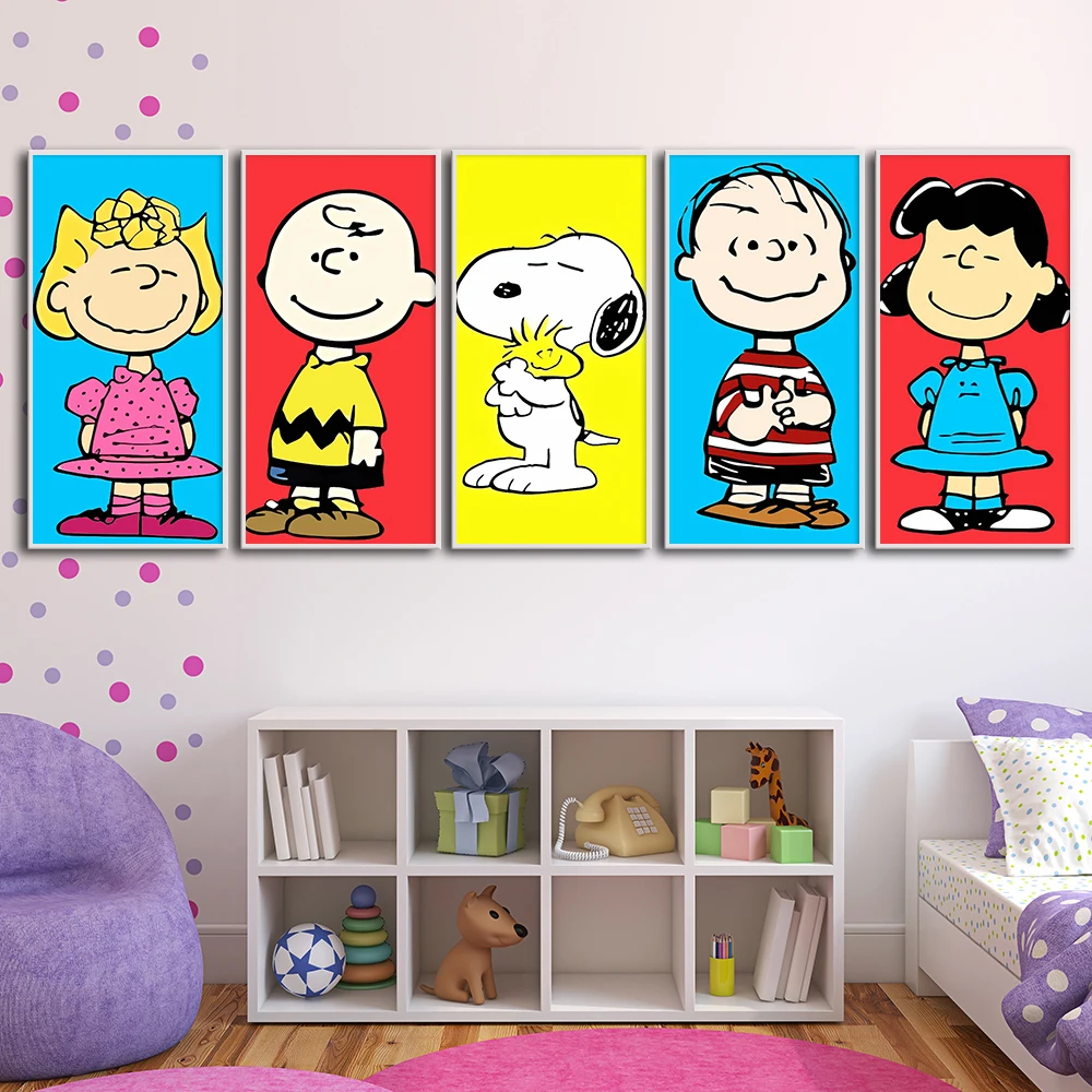 Snoopy Charlie Linus Woodstock Lucy Sally Portrait Painting Cartoon Wall Art Canvas Poster Print Kids Room Decor Picture Cuadros