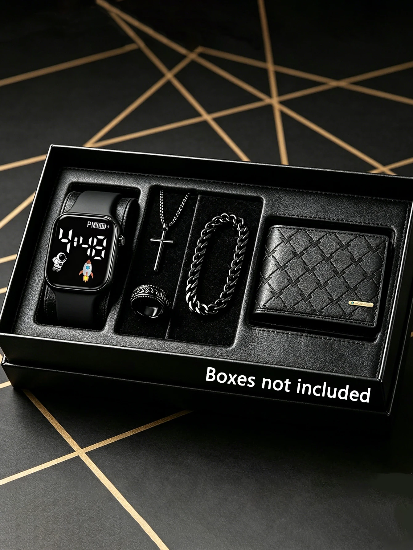 

Rectangular Electronic Watch with Bracelet Necklace Stand Wallet Set Astronaut Rocket Glow Pattern Birthday Gift